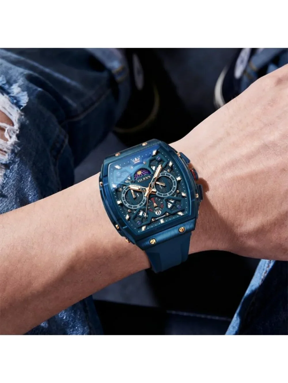 Men's All Blue Chronograph Waterproof Rectangle Moon Phase Luminous Quartz Watch